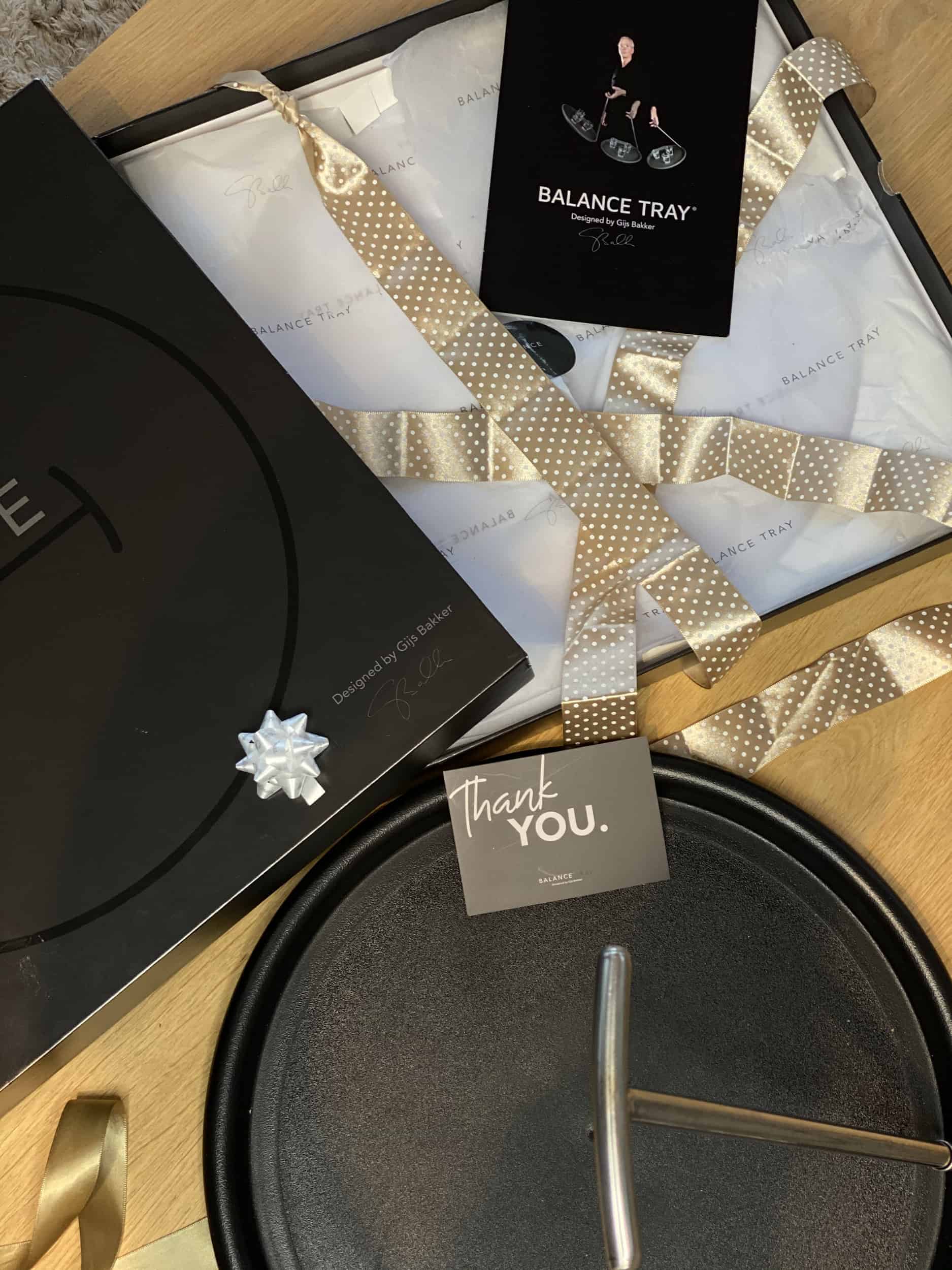 The Balance Tray in its black gift box with a thank-you tag